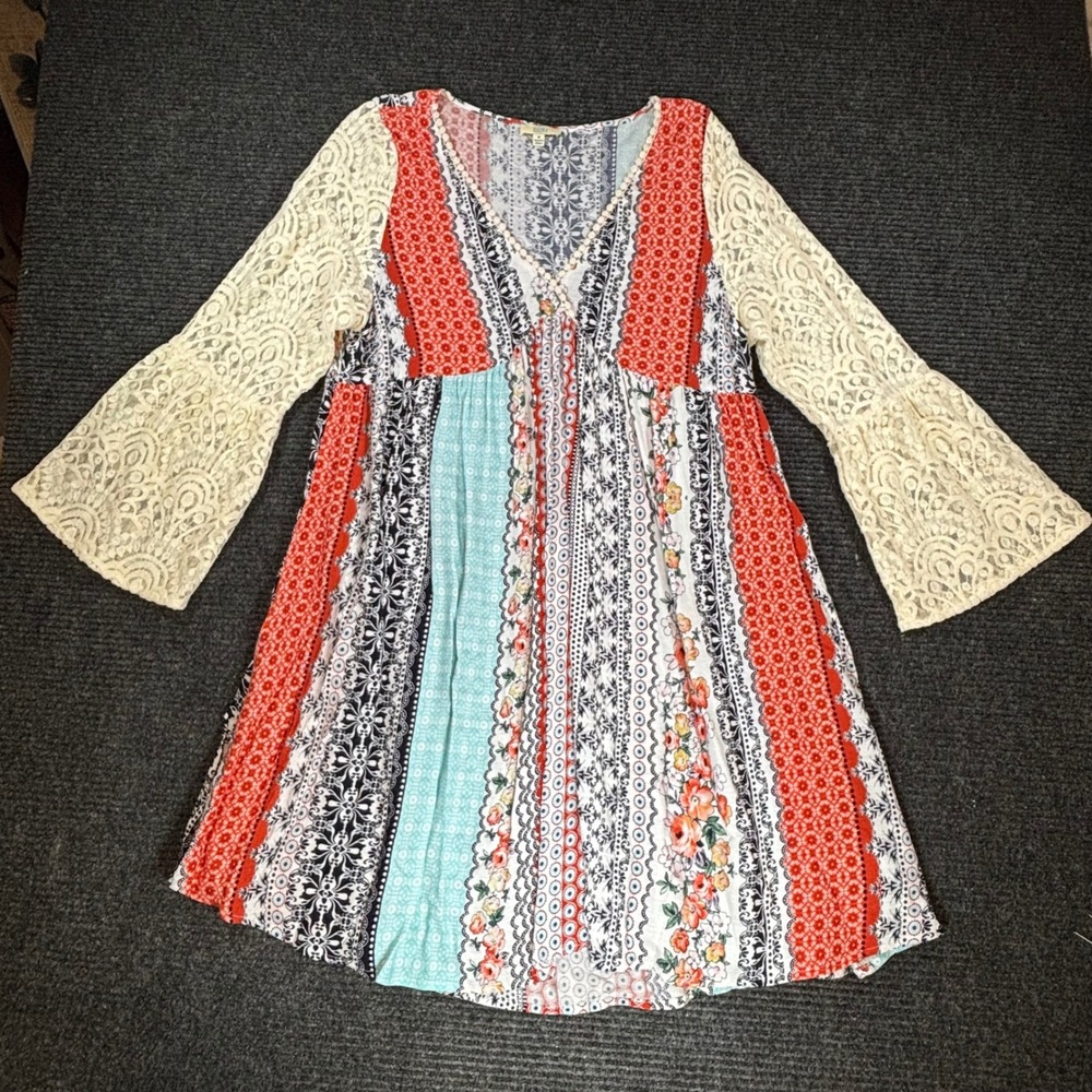 Kori America Boho Patchwork Mini Dress Lace Bell Sleeve Red Blue Floral S7003 M - Picture 1 of 7